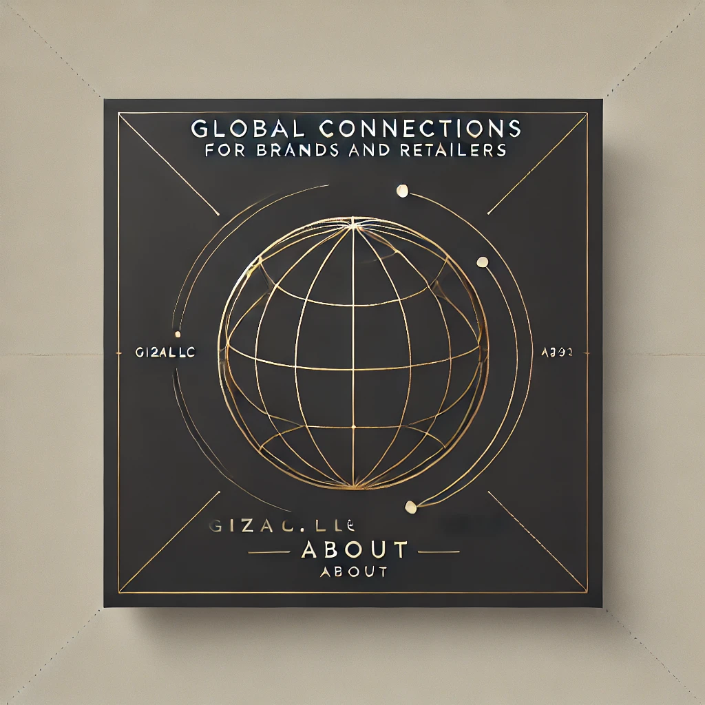 Minimalist logo banner for Global Connections for Brands and Retailers, featuring a clean globe design with connecting lines in gold and gray tones.