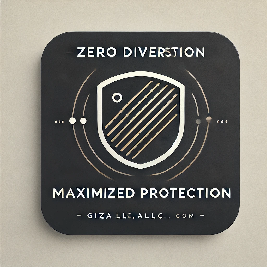 Minimalist banner design for Zero Diversion, Maximized Protection, featuring a shield icon and enclosed abstract lines in a sleek style