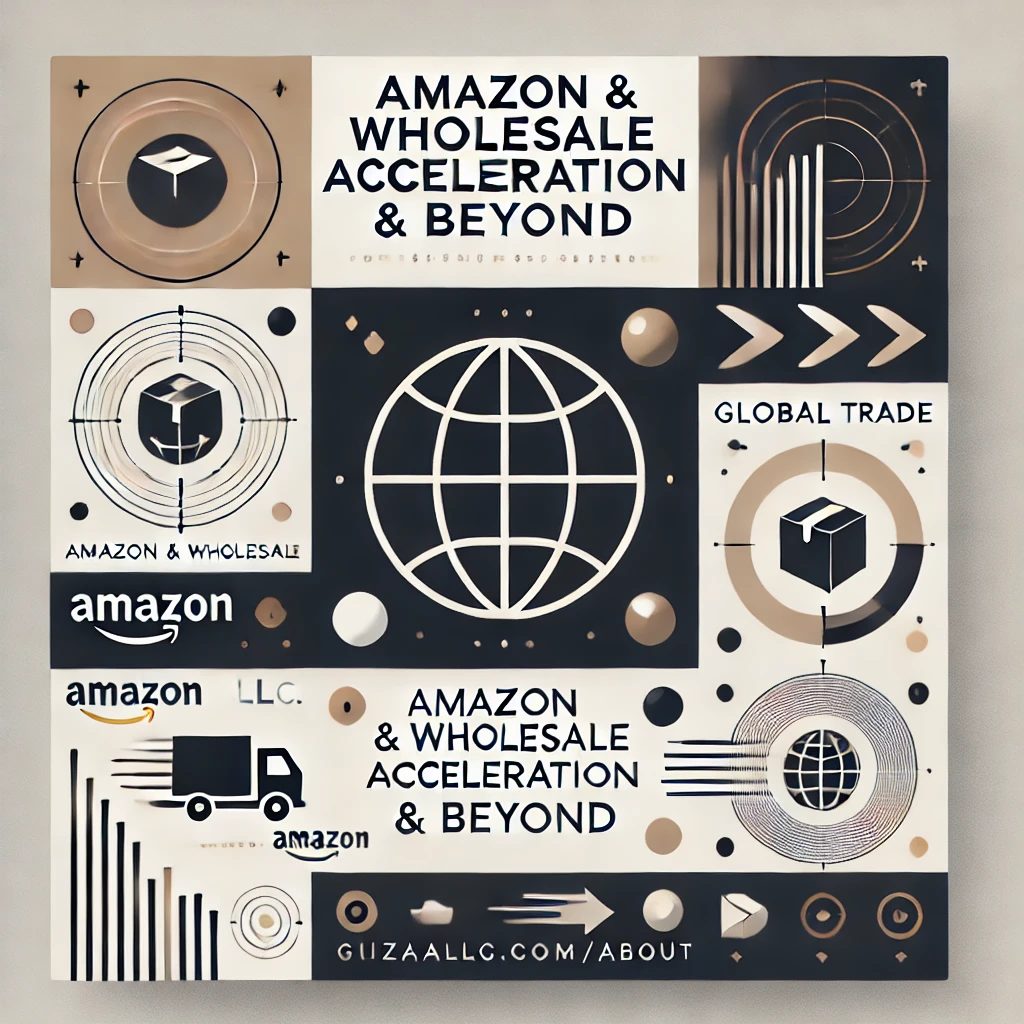 Clean banner design for Amazon & Wholesale Acceleration & Beyond, featuring a globe and upward-moving arrows in a modern layout.